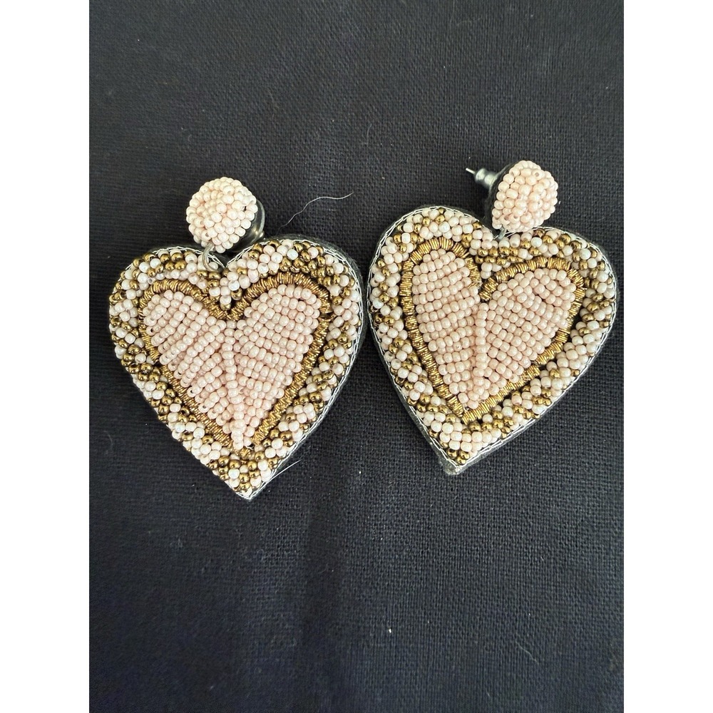 Antique Handcrafted Beaded Heart Dangle Earrings Pink Gold White Fabric Post - Picture 1 of 5